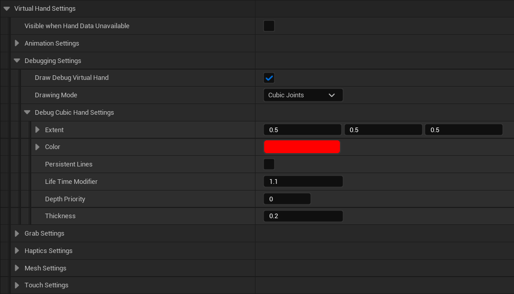 The Virtual Hand Debugging Settings - Cubic Joints Drawing Mode The Virtual Hand Debugging Settings - Cubic Joints Drawing Mode