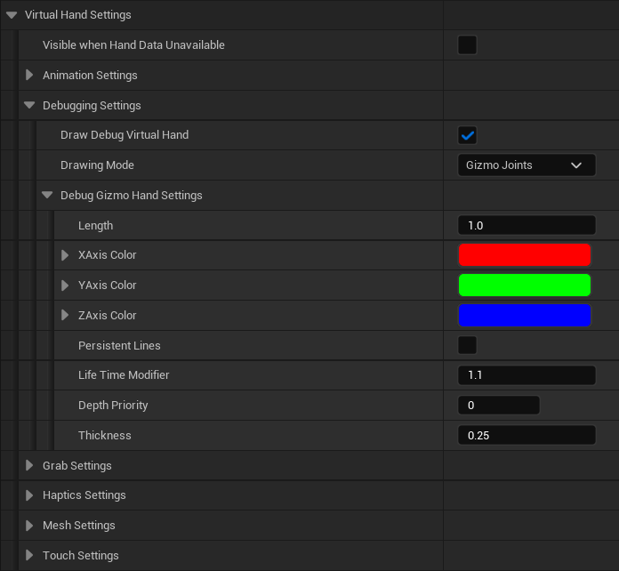The Virtual Hand Debugging Settings - Gizmo Joints Drawing Mode The Virtual Hand Debugging Settings - Gizmo Joints Drawing Mode