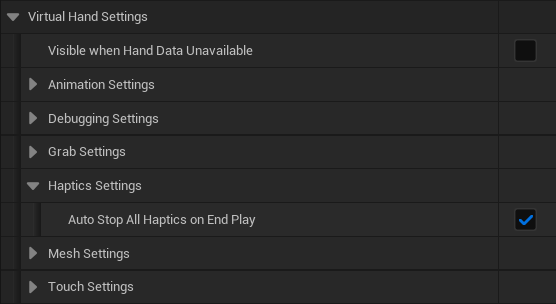 The Virtual Hand Haptics Settings The Virtual Hand Haptics Settings