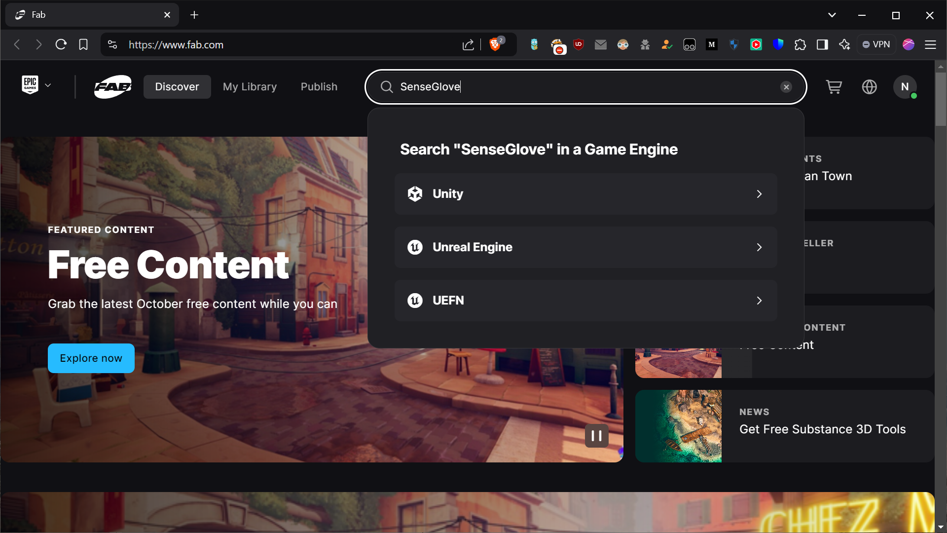 Plugin installation via the Epic Games Launcher - Searching for the term SenseGlove on the Fab home page Plugin installation via the Epic Games Launcher - Searching for the term SenseGlove on the Fab home page