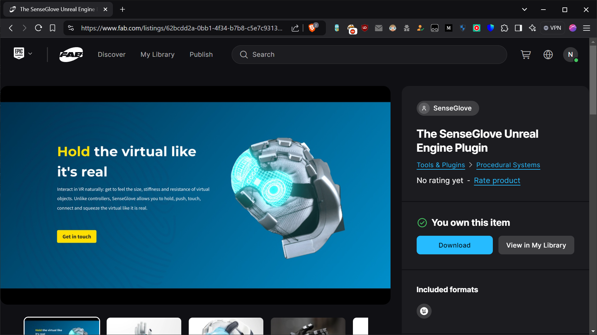 Plugin installation via the Epic Games Launcher - The SenseGlove Unreal Engine Plugin home page on Fab Plugin installation via the Epic Games Launcher - The SenseGlove Unreal Engine Plugin home page on Fab