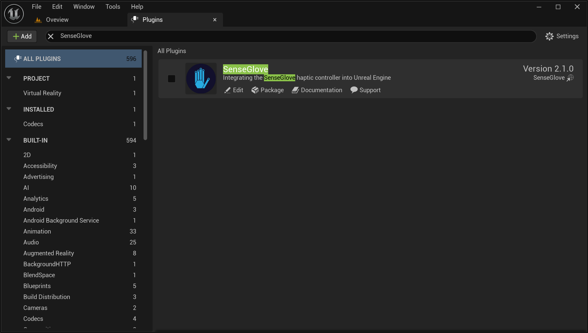 Vnabling the SenseGlove Unreal Engine Plugin - step 1 Enabling the SenseGlove Unreal Engine Plugin - step 1