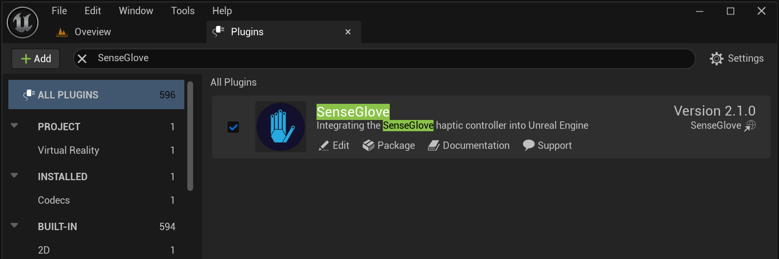 Veirfying the SenseGlove Unreal Engine Plugin version - step 2 Veirfying the SenseGlove Unreal Engine Plugin version - step 2