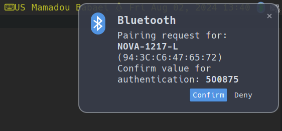 Connect to Nova gloves using Blueman Bluetooth Manager - Pairing confirmation Connect to Nova gloves using Blueman Bluetooth Manager - Pairing confirmation