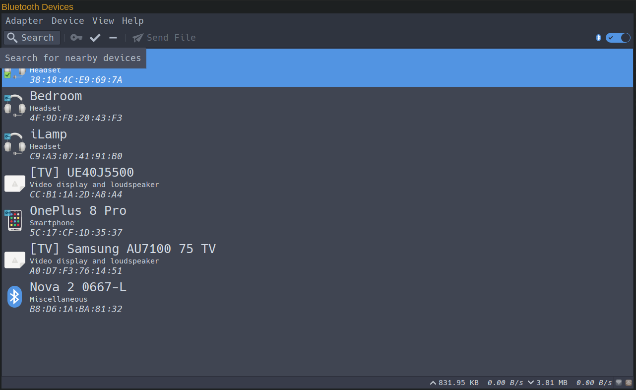 Connect to Nova gloves using Blueman Bluetooth Manager - Search button Connect to Nova gloves using Blueman Bluetooth Manager - Search button