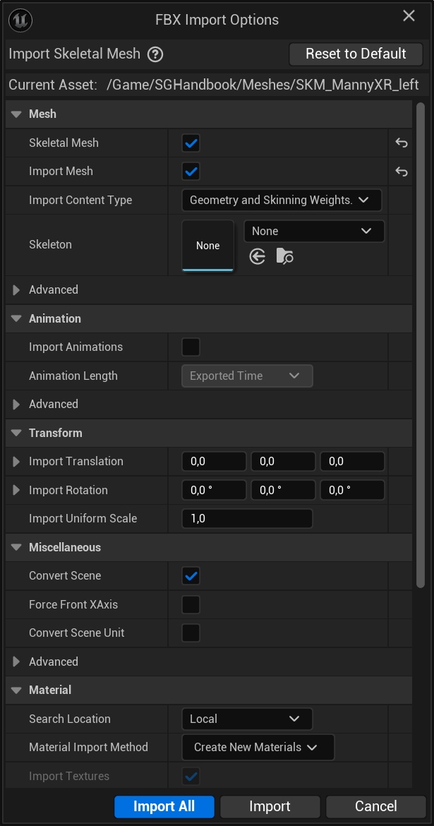 Importing the Virtual Hand Meshes into Your Own Project - The FBX import options Importing the Virtual Hand Meshes into Your Own Project - The FBX import options
