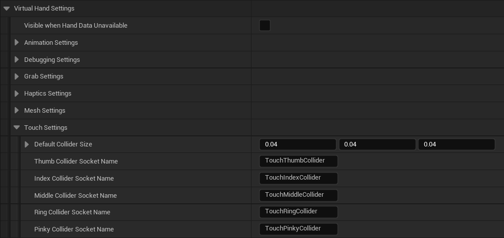 The Virtual Hand Touch Settings The Virtual Hand Touch Settings