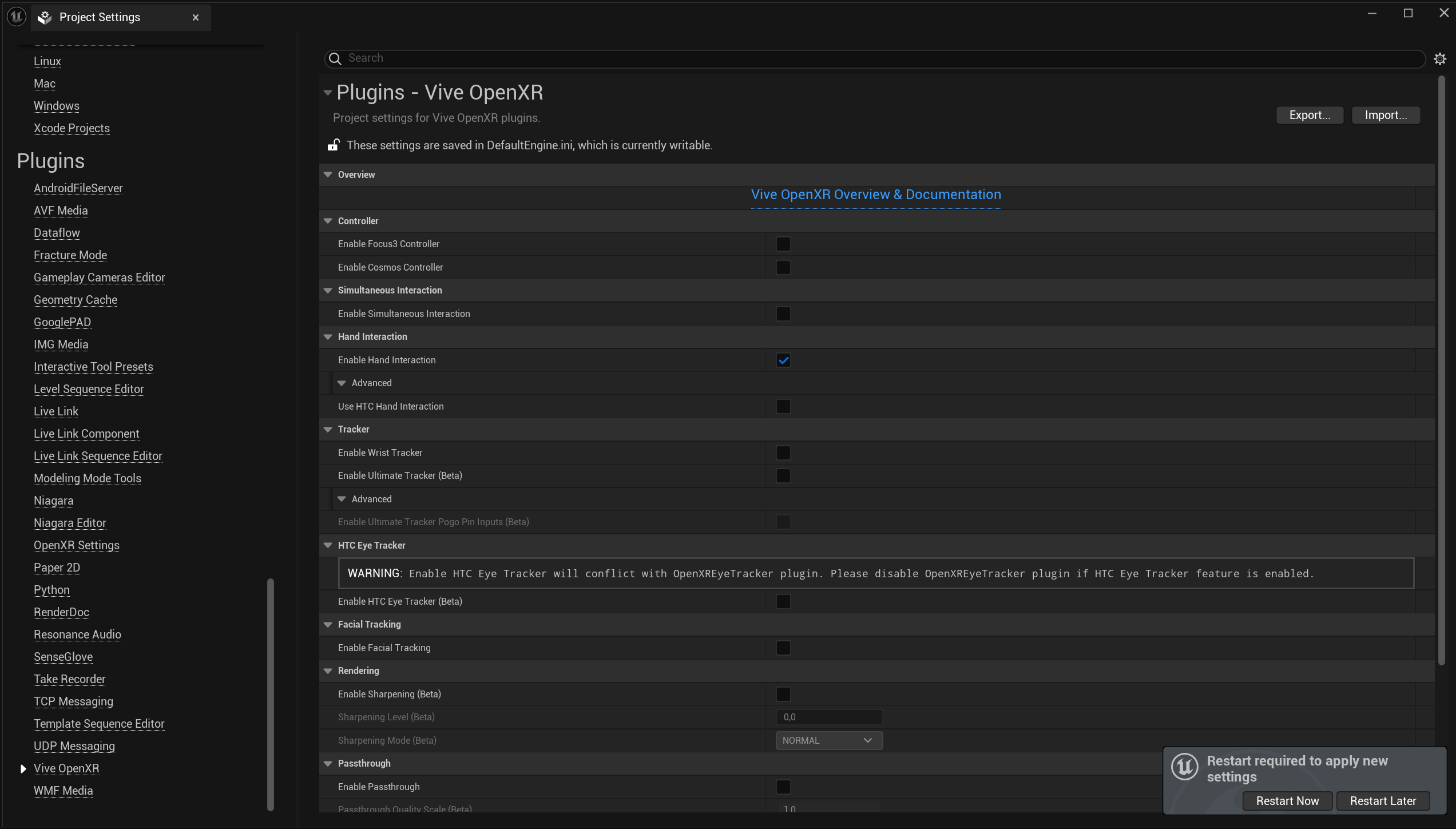 Enabling XR_EXT_hand_tracking OpenXR Extension on VR Headsets in Standalone Mode - ViveOpenXR Plugin Settings - Enable Hand Interaction Editor Restart Prompt