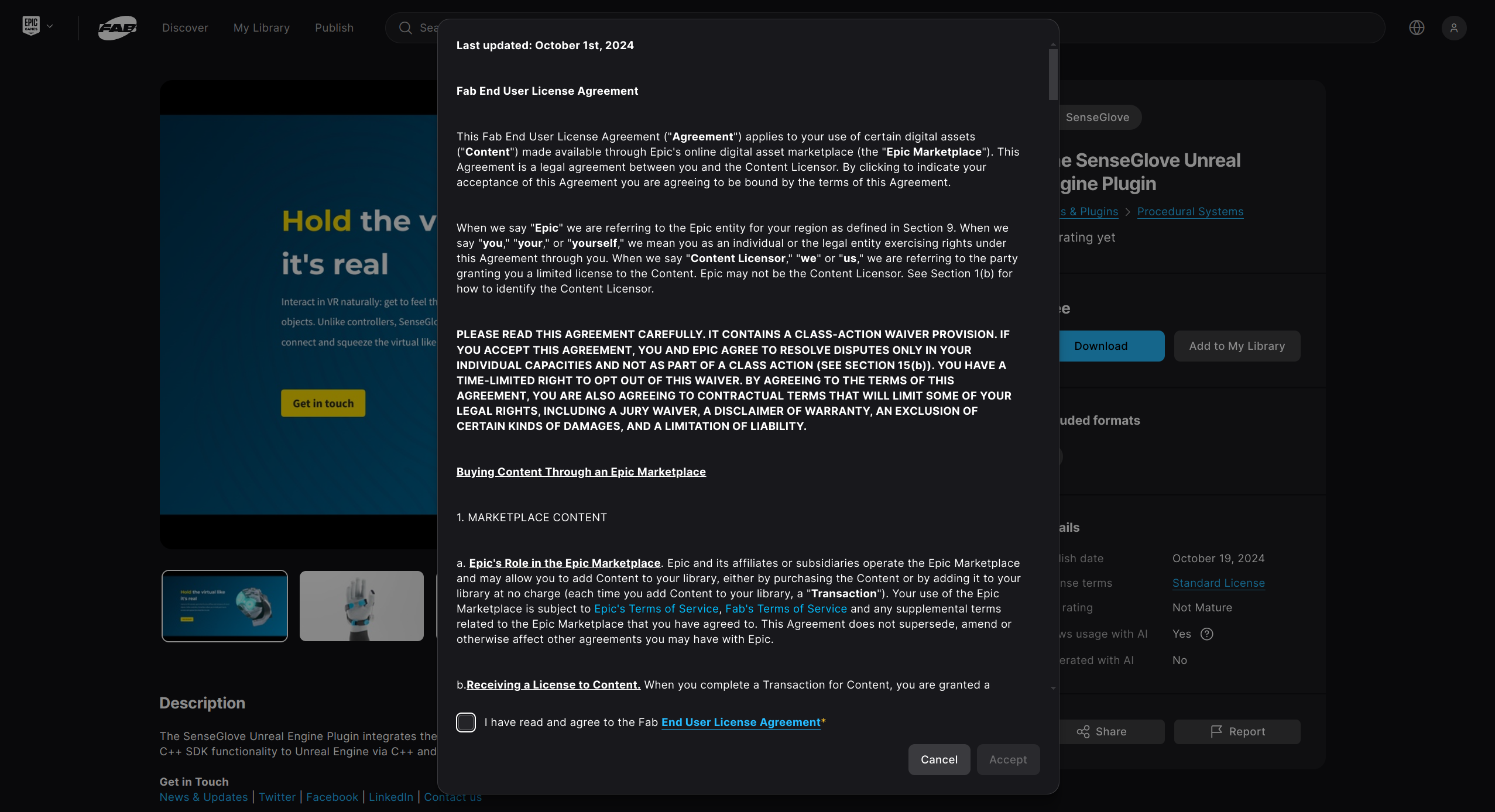 Plugin installation via the Epic Games Launcher - Fab End User License Agreement (EULA) prompt