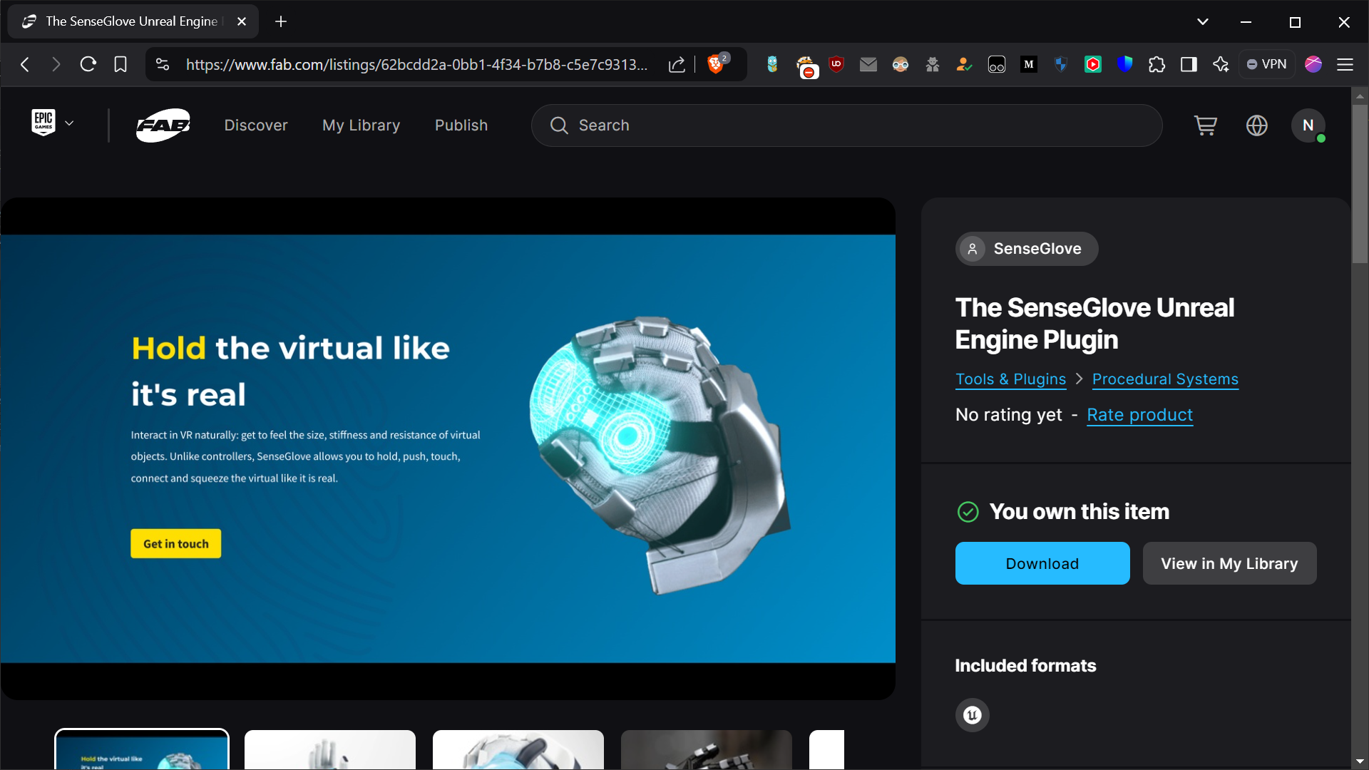 Plugin installation via the Epic Games Launcher - The SenseGlove Unreal Engine Plugin home page on Fab