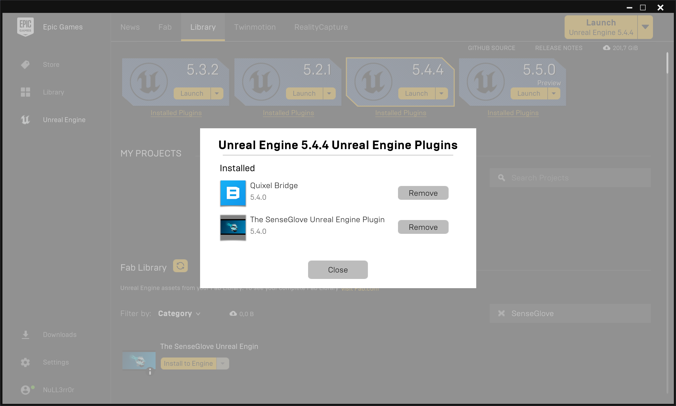 Plugin installation via the Epic Games Launcher - Verifying the SenseGlove Unreal Plugin installation