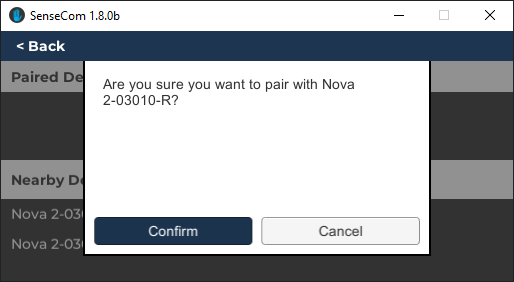 SenseCom on Microsoft Windows - Pair Devices - Paring Confirmation