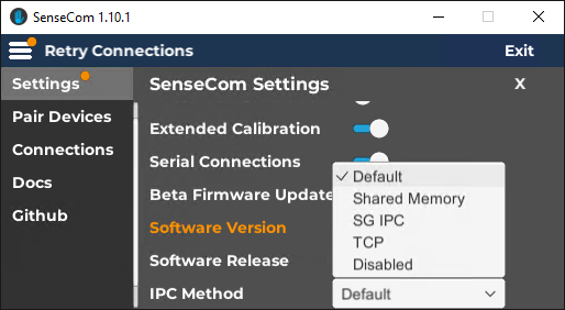 SenseCom Settings - Choosing an IPC Transport/Mechanism