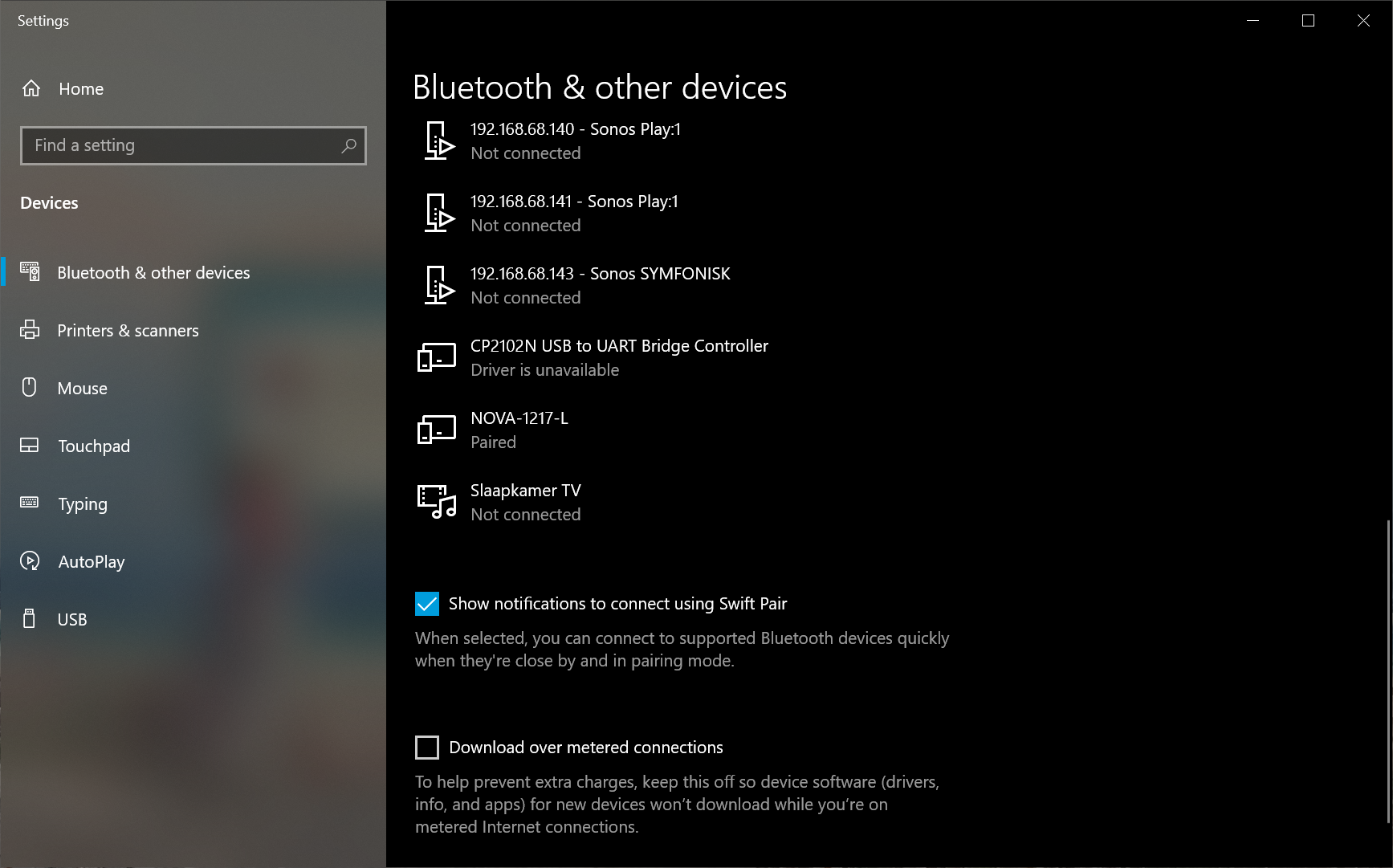 SenseCom on Microsoft Windows - Bluetooth settings paired devices list