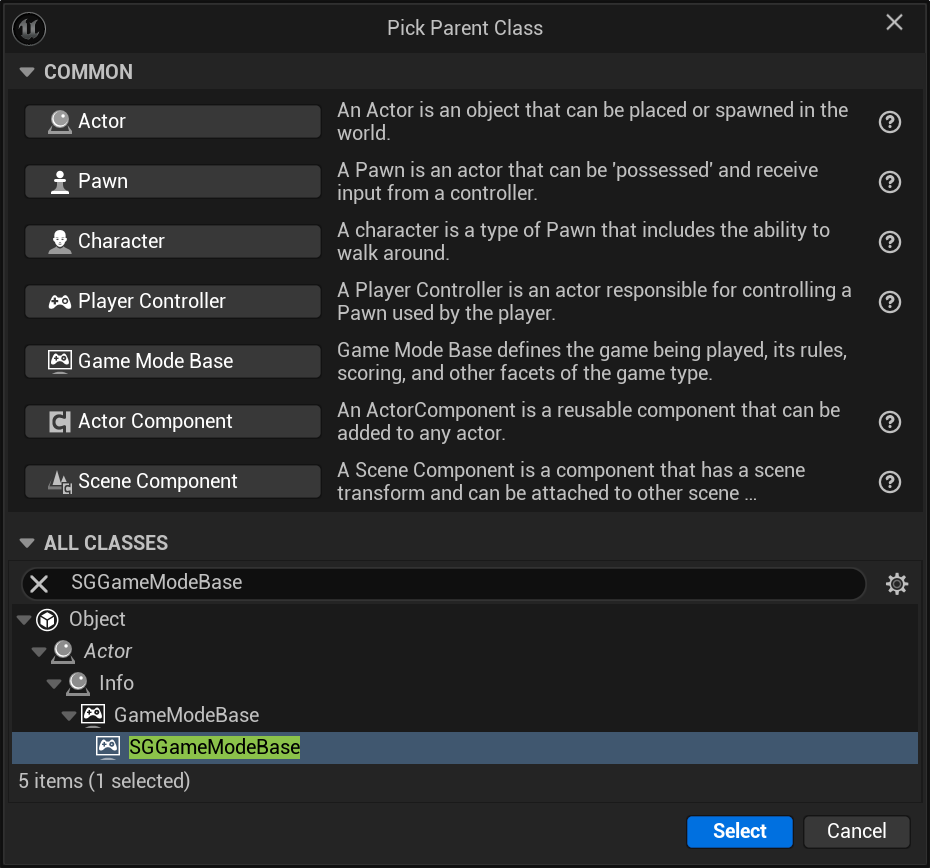 Extending SGGameModeBase - Picking SGGameModeBase as the Parent Class