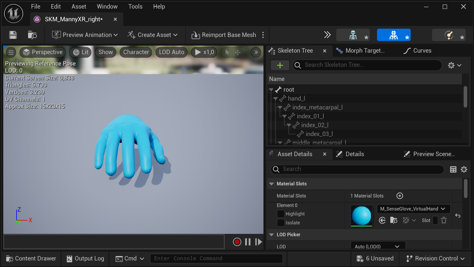 Importing the Virtual Hand Meshes into Your Own Project - Assigning the SenseGlove material to the right virtual hand mesh