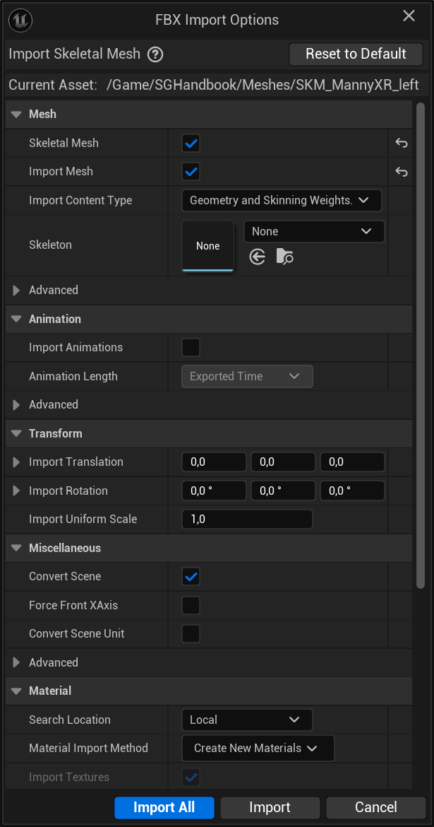 Importing the Virtual Hand Meshes into Your Own Project - The FBX import options