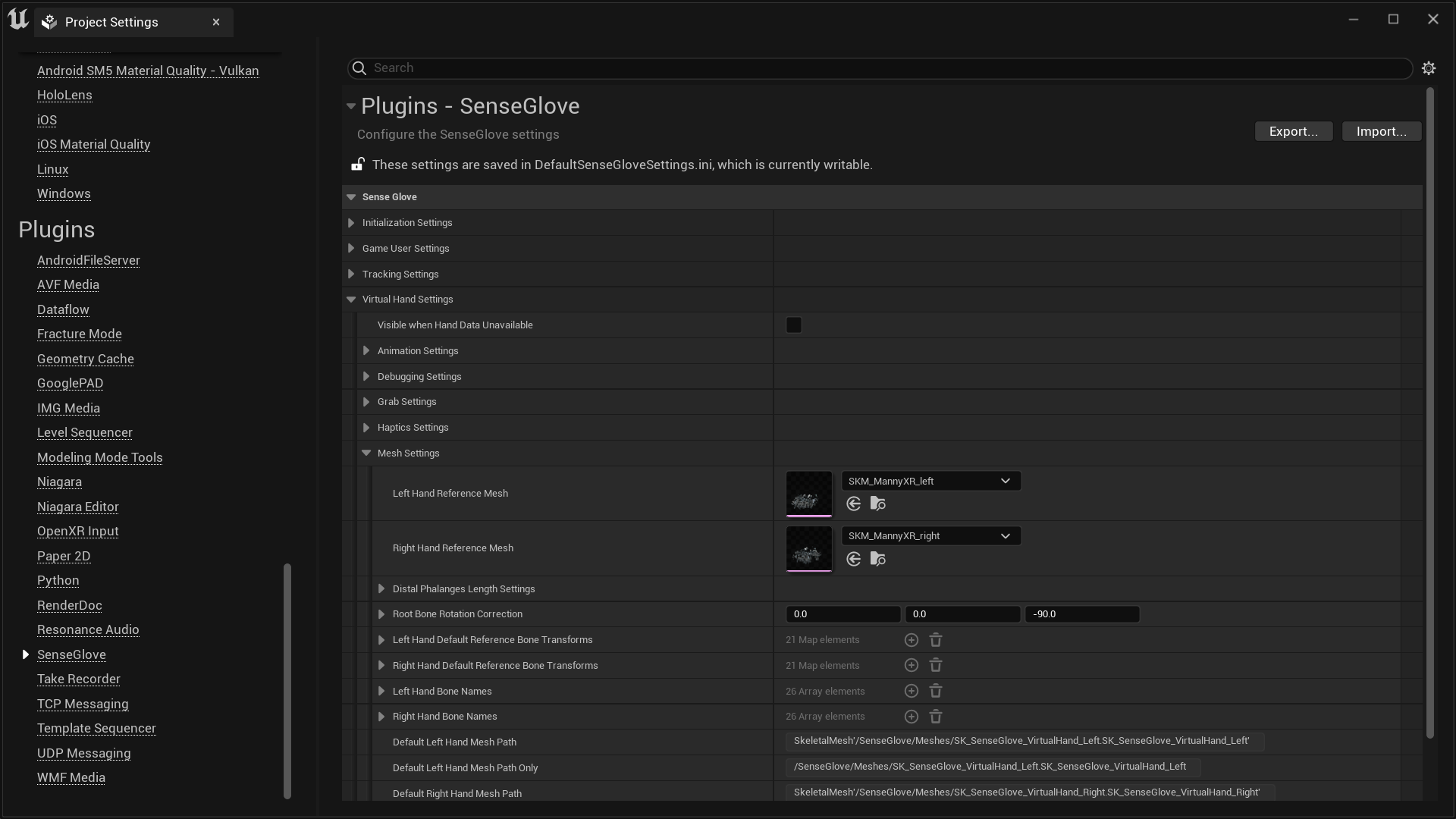 The SGPawn and the Plugin Virtual Hand Mesh Settings - Plugin settings