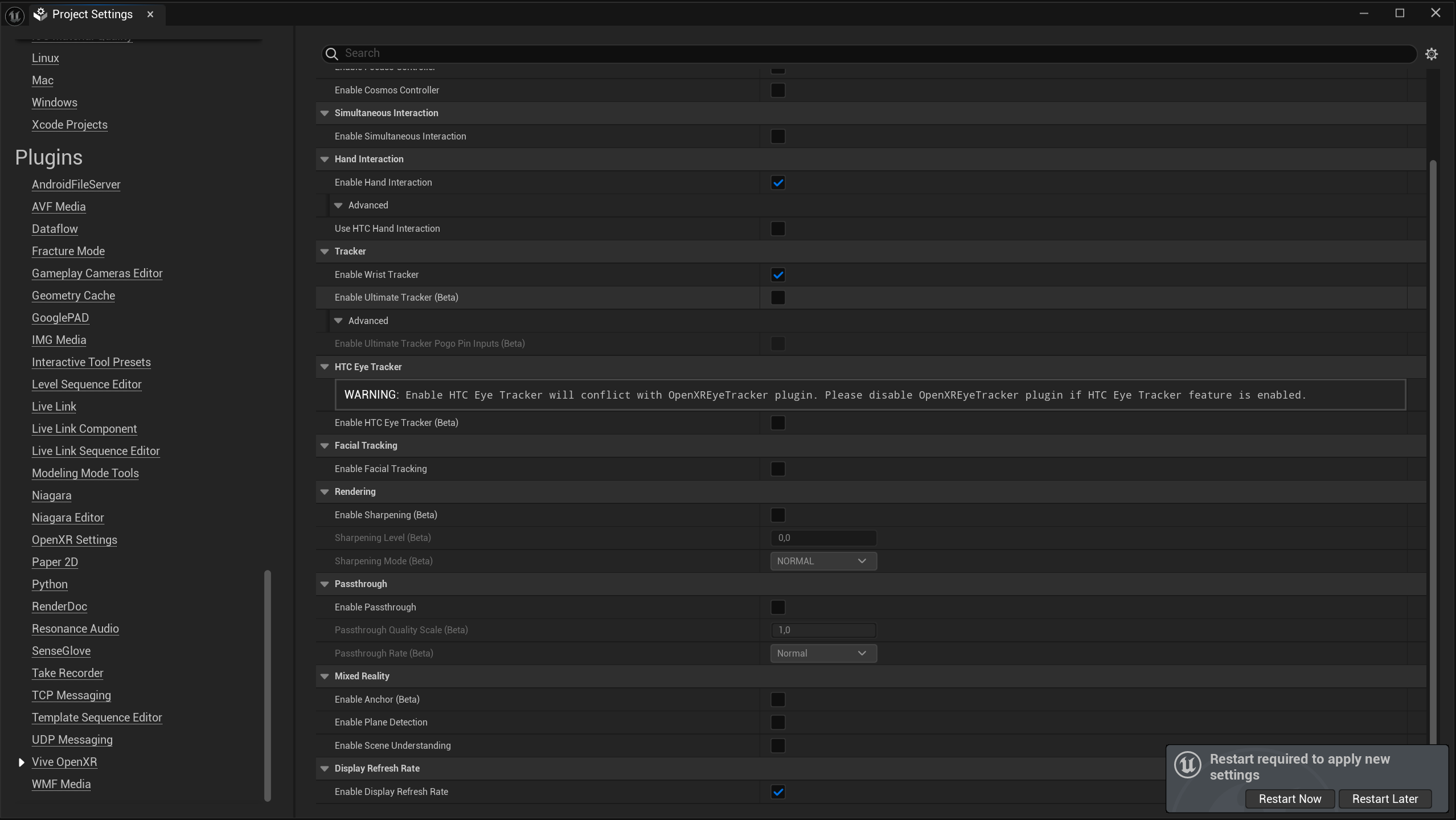 HTC VIVE Specific Optimizations in Standalone Mode - Enable Display Refresh Rate Editor Restart Prompt