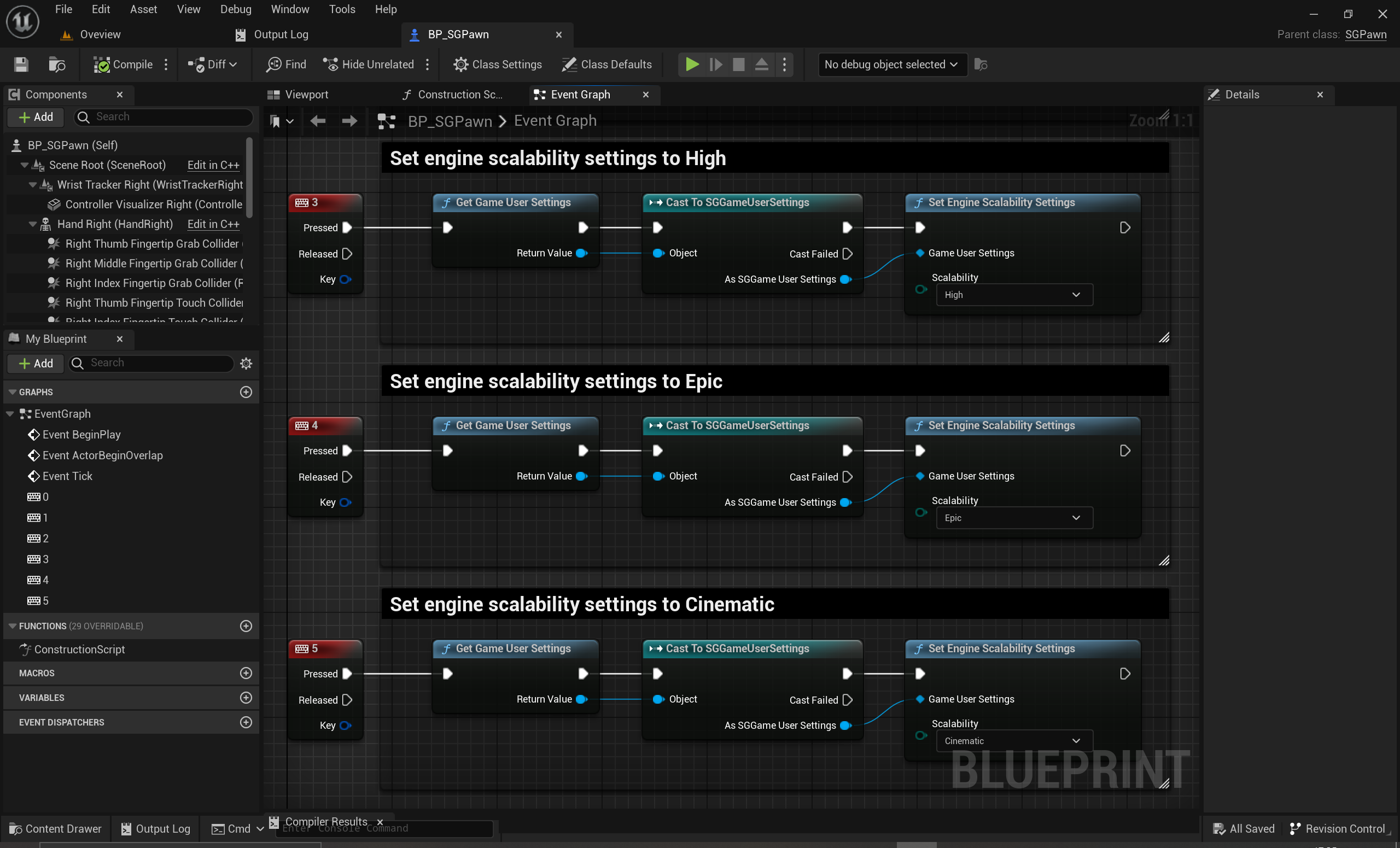 Game User Settings and Engine Scalability Settings - Binding different Engine Scalability Settings to numeric keys 3, 4, 5 inside SGPawn Blueprint