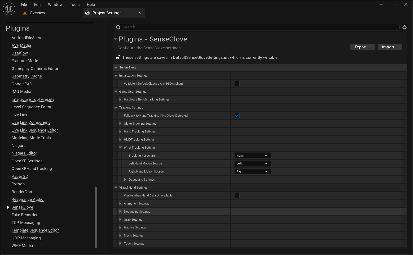 Plugin Settings - The SenseGlove Unreal Engine Plugin Settings