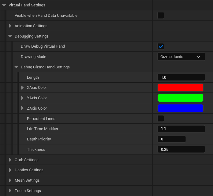 The Virtual Hand Debugging Settings - Gizmo Joints Drawing Mode