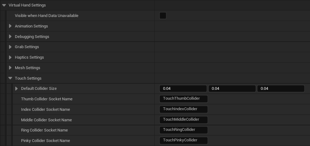The Virtual Hand Touch Settings